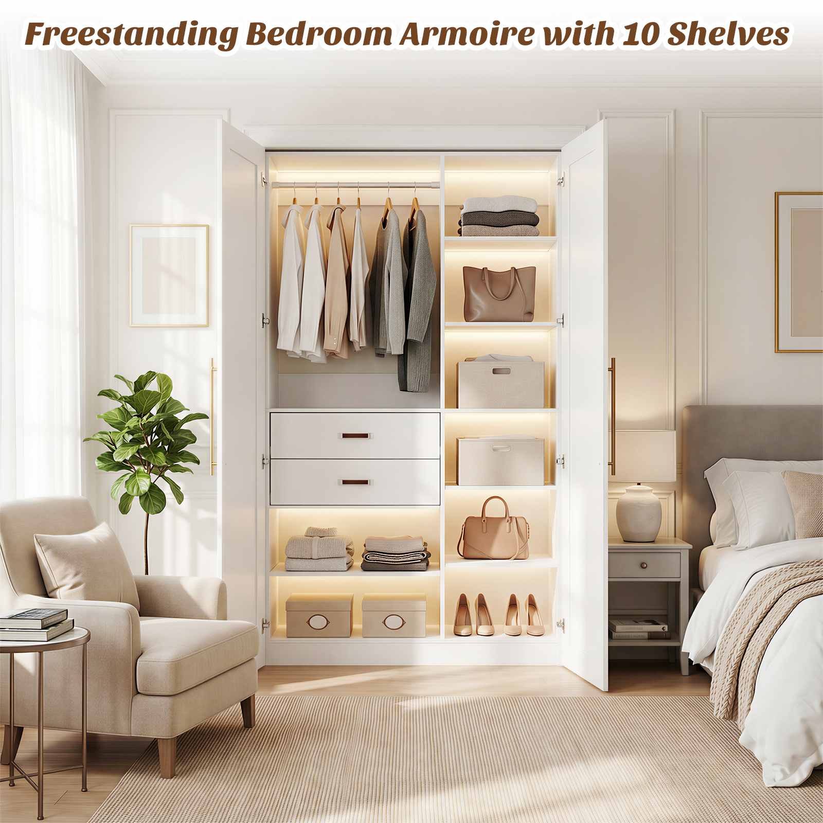40'' Stand-Alone Closet System with 2 Wood Drawers, Garment Organizer System with Hanging Rod