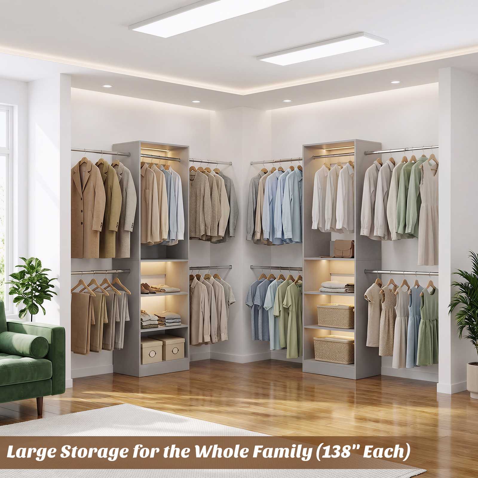 12FT Large Open Closet System, 138'' Wall-Mounted Closet Shelving with 5 Hanging Rods and 6 Shelves