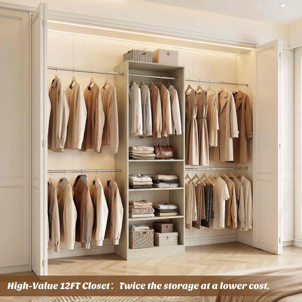 12FT Large Open Closet System, 138'' Wall-Mounted Closet Shelving with 5 Hanging Rods and 6 Shelves