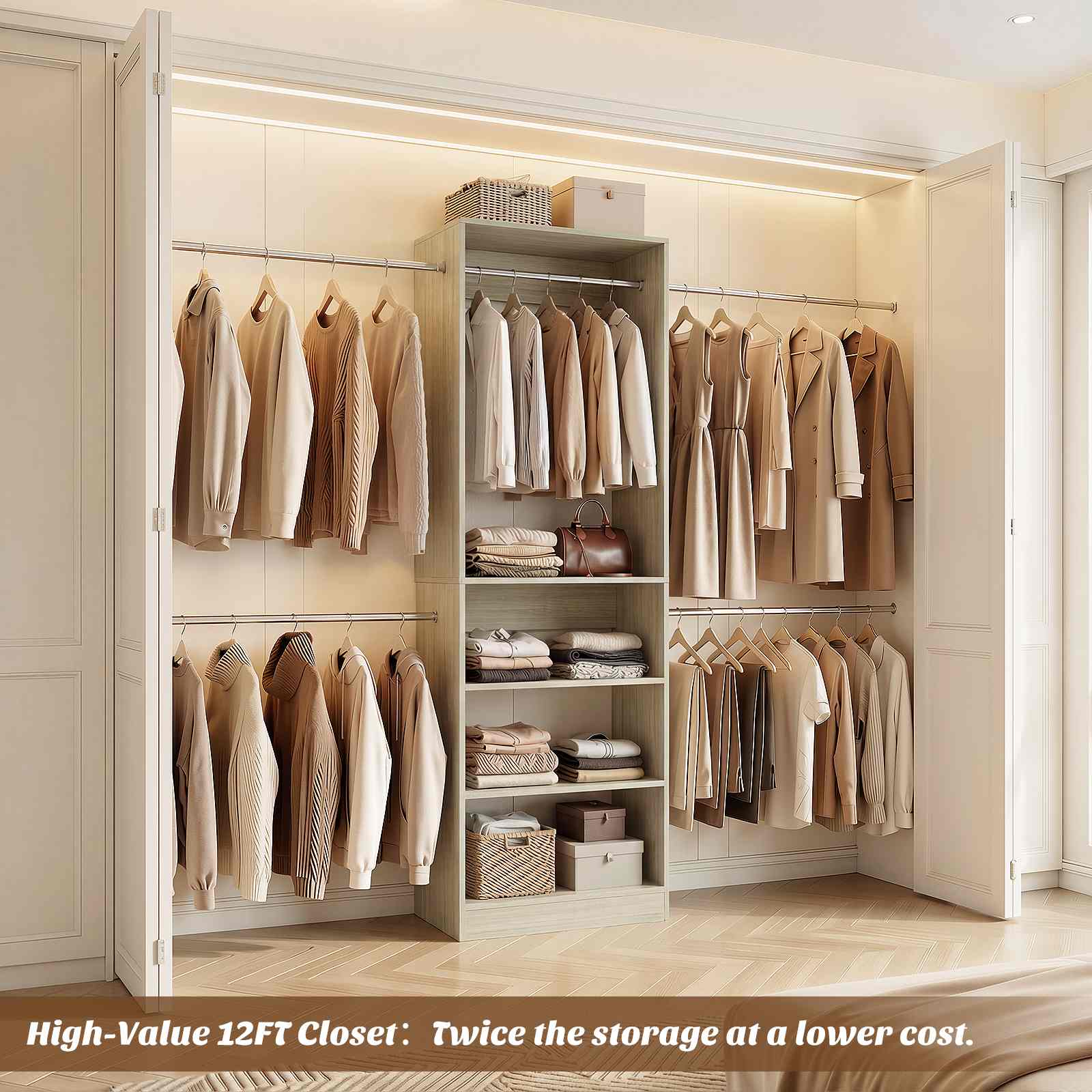 12FT Large Open Closet System, 138'' Wall-Mounted Closet Shelving with 5 Hanging Rods and 6 Shelves