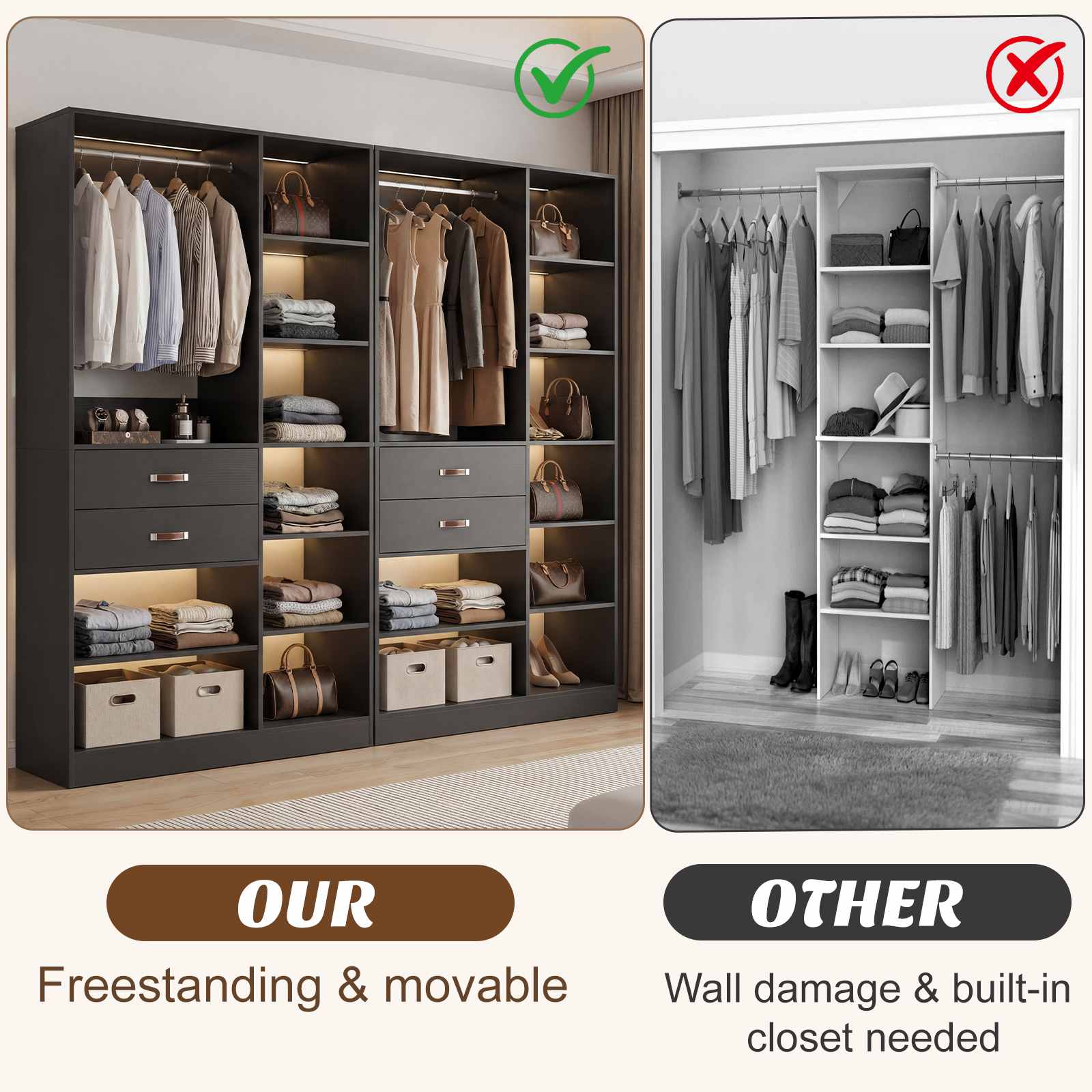 80'' Stand-Alone Closet System with 4 Wood Drawers, Garment Organizer System with Hanging Rod