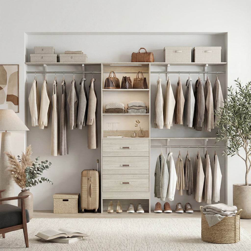 96" Wall Mounted Closet System with LED, Walk-In Style Wood Closet Organizer Cut to Fit 4-8FT with 3 Drawers & Top Shelf