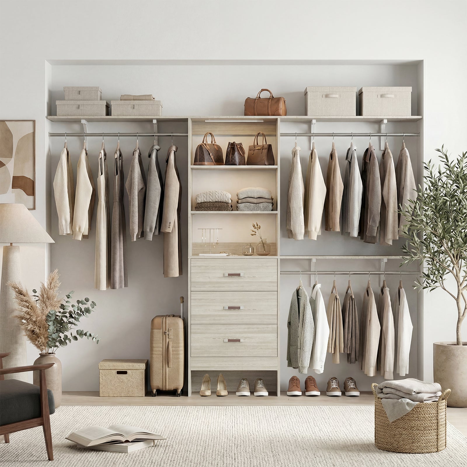 96" Wall Mounted Closet System with LED, Walk-In Style Wood Closet Organizer Cut to Fit 4-8FT with 3 Drawers & Top Shelf