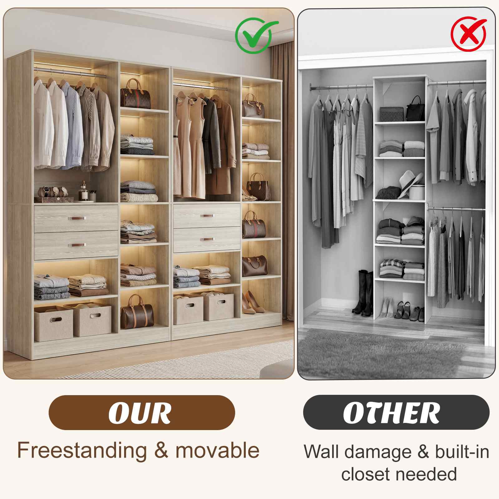 80'' Stand-Alone Closet System with 4 Wood Drawers, Garment Organizer System with Hanging Rod