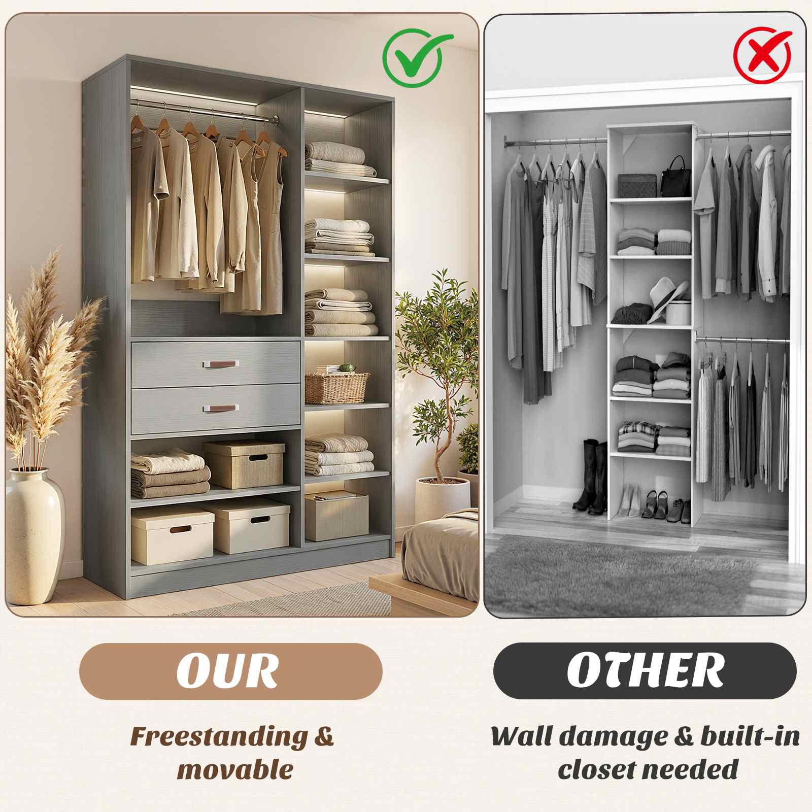 40'' Stand-Alone Closet System with 2 Wood Drawers, Garment Organizer System with Hanging Rod