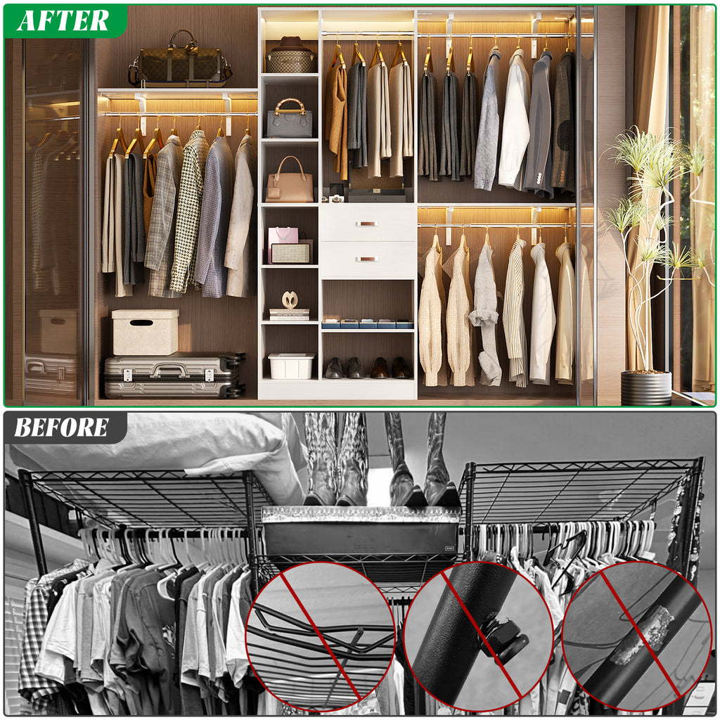 8FT Heavy Duty Wood Closet System with 2 Drawers & 4 Adjustable Hanging Rods & 9-Cube Shelving