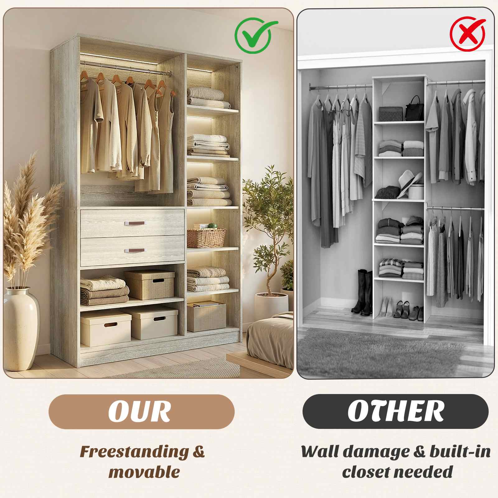 40'' Stand-Alone Closet System with 2 Wood Drawers, Garment Organizer System with Hanging Rod