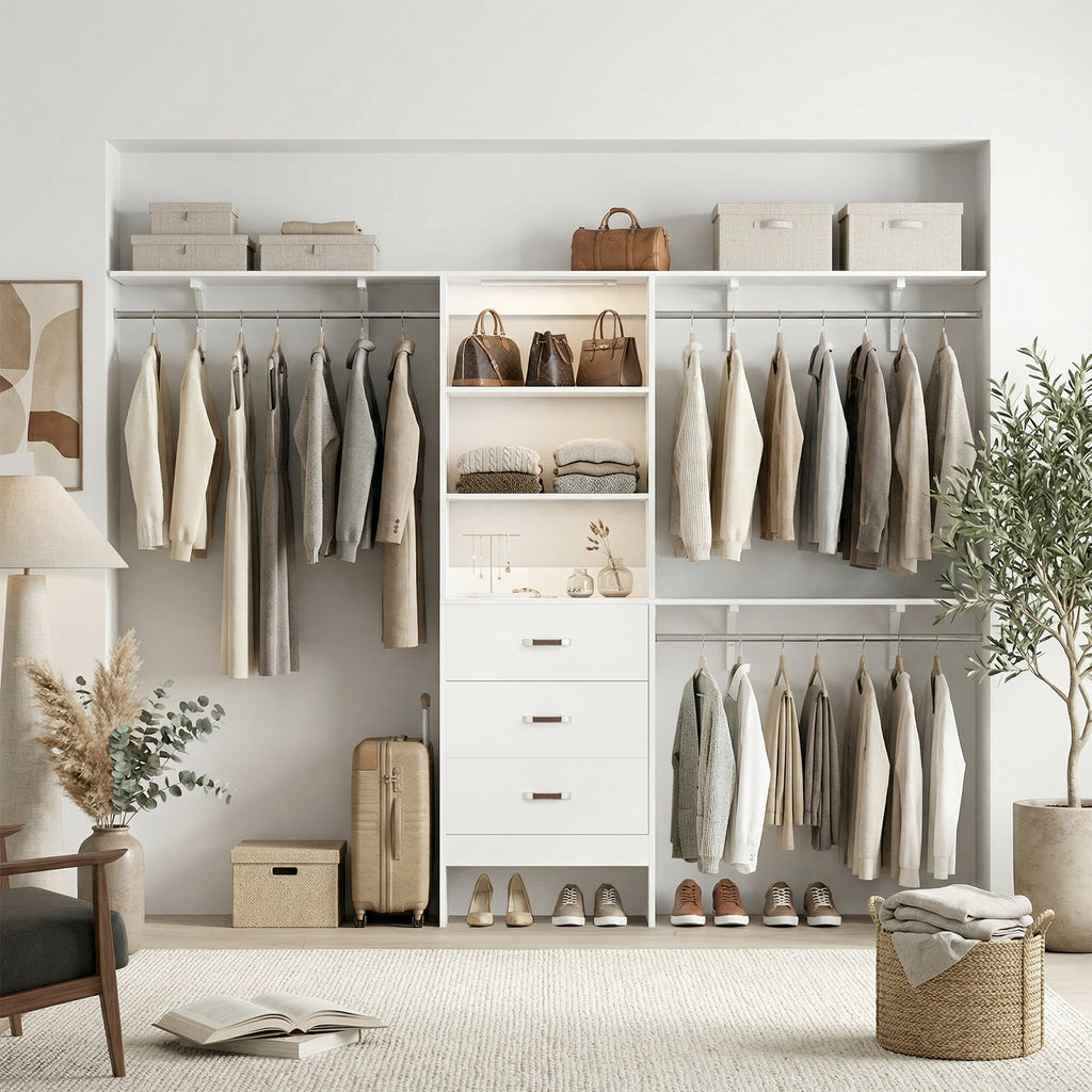 96" Wall Mounted Closet System with LED, Walk-In Style Wood Closet Organizer Cut to Fit 4-8FT with 3 Drawers & Top Shelf