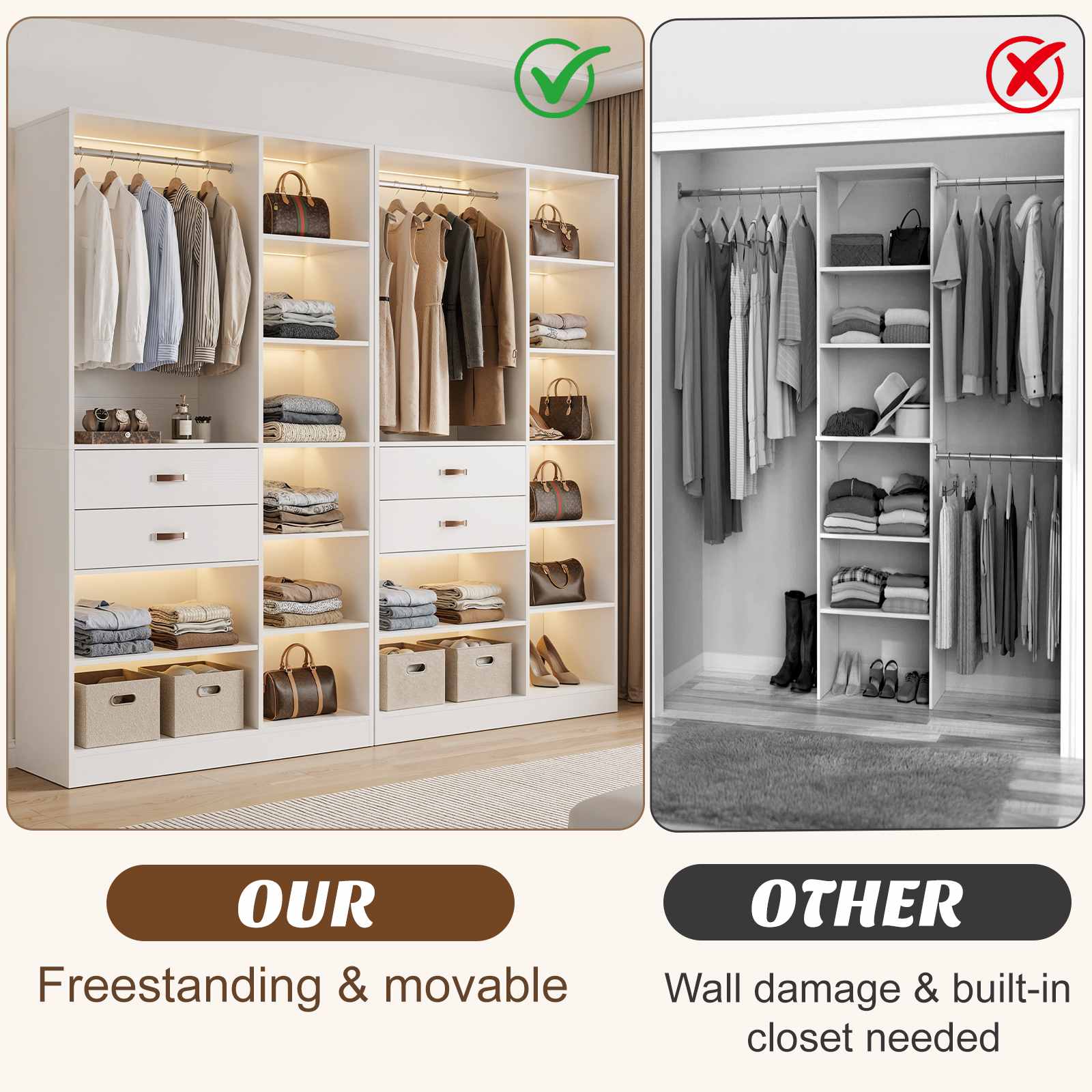 80'' Stand-Alone Closet System with 4 Wood Drawers, Garment Organizer System with Hanging Rod