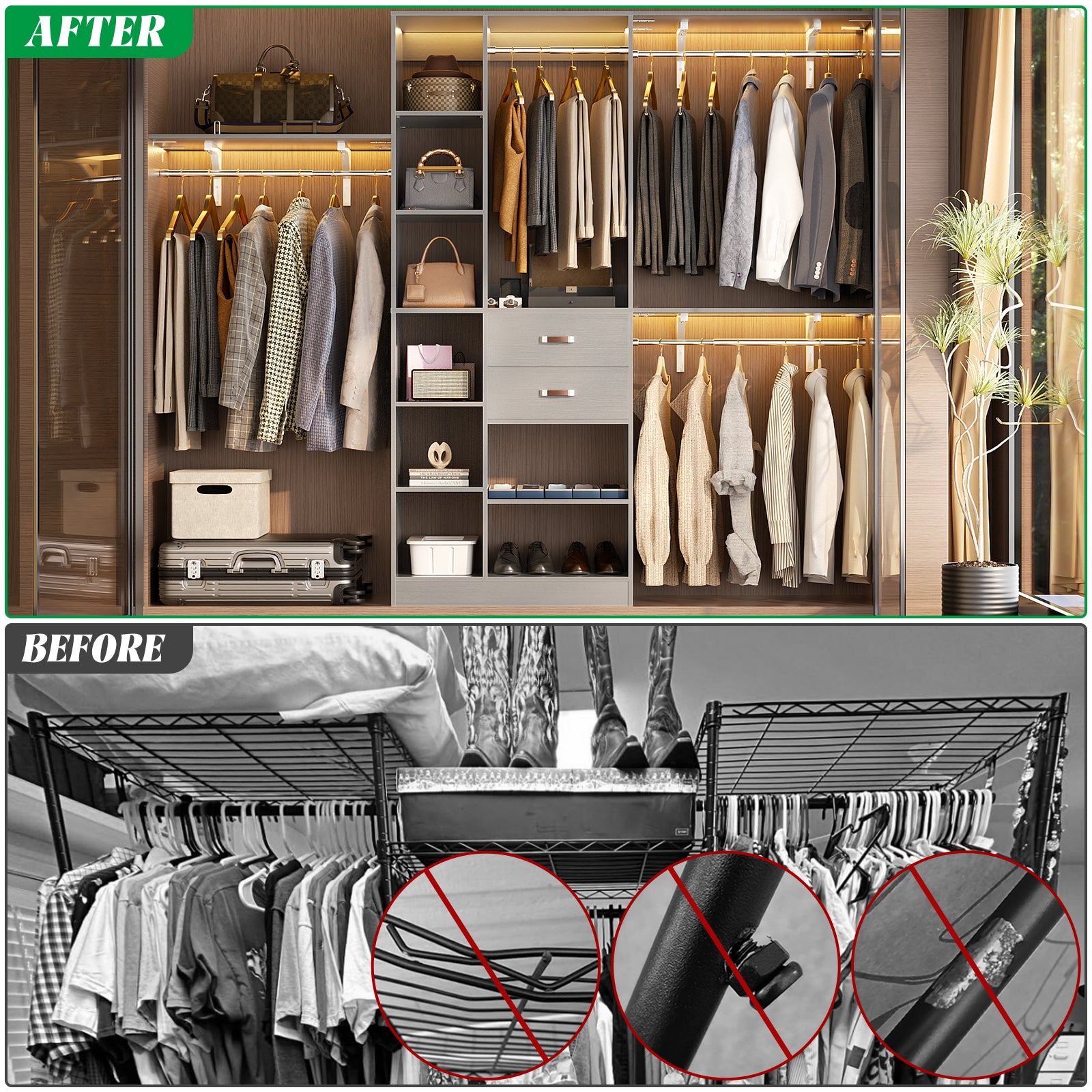 8FT Heavy Duty Wood Closet System with 2 Drawers & 4 Adjustable Hanging Rods & 9-Cube Shelving