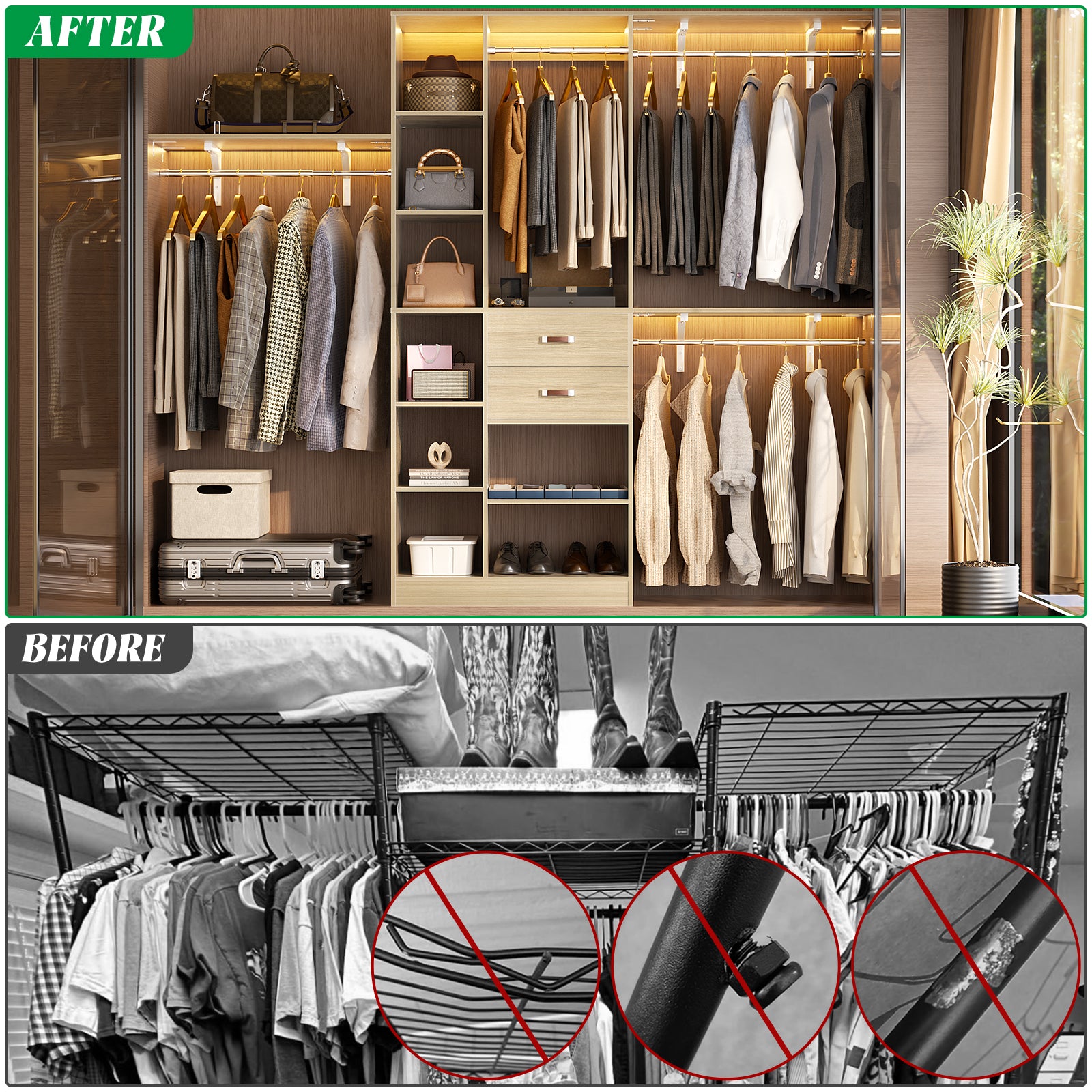 8FT Heavy Duty Wood Closet System with 2 Drawers & 4 Adjustable Hanging Rods & 9-Cube Shelving