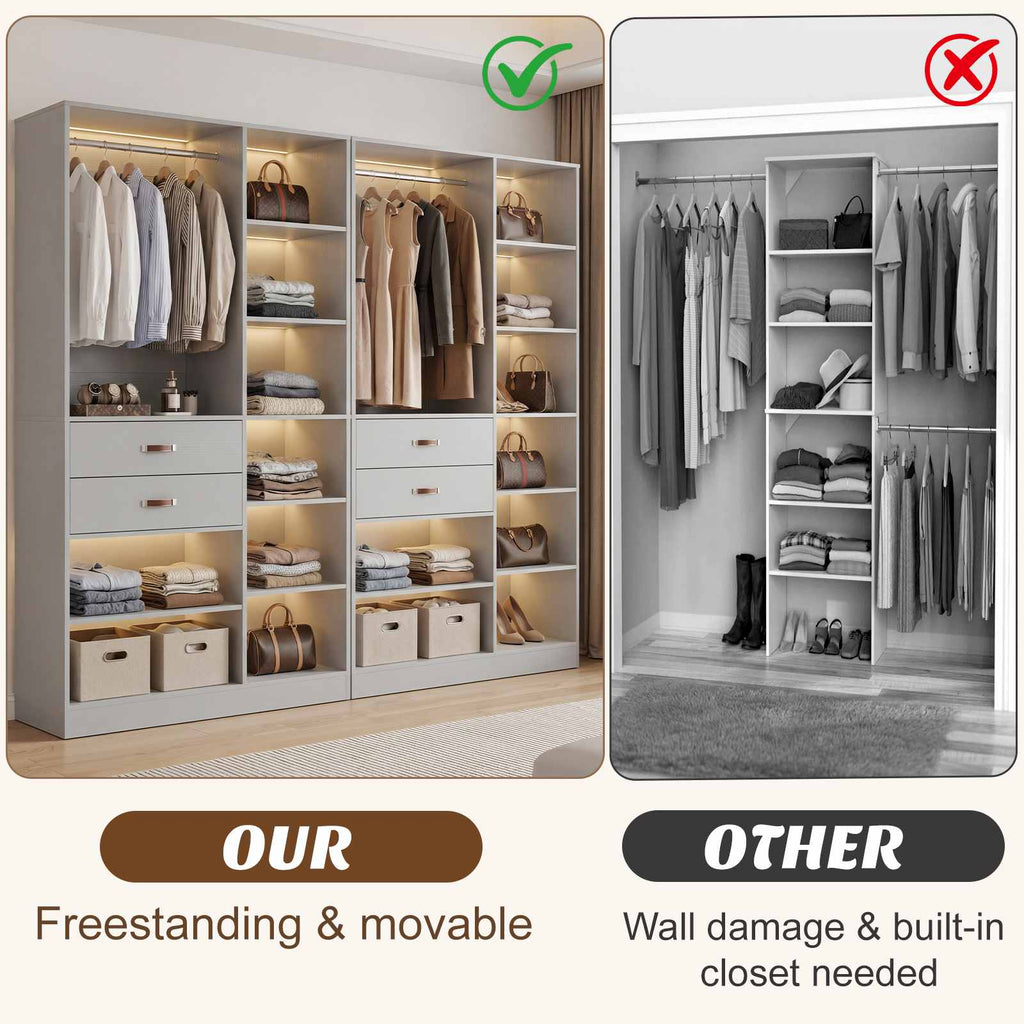 80'' Stand-Alone Closet System with 4 Wood Drawers, Garment Organizer System with Hanging Rod