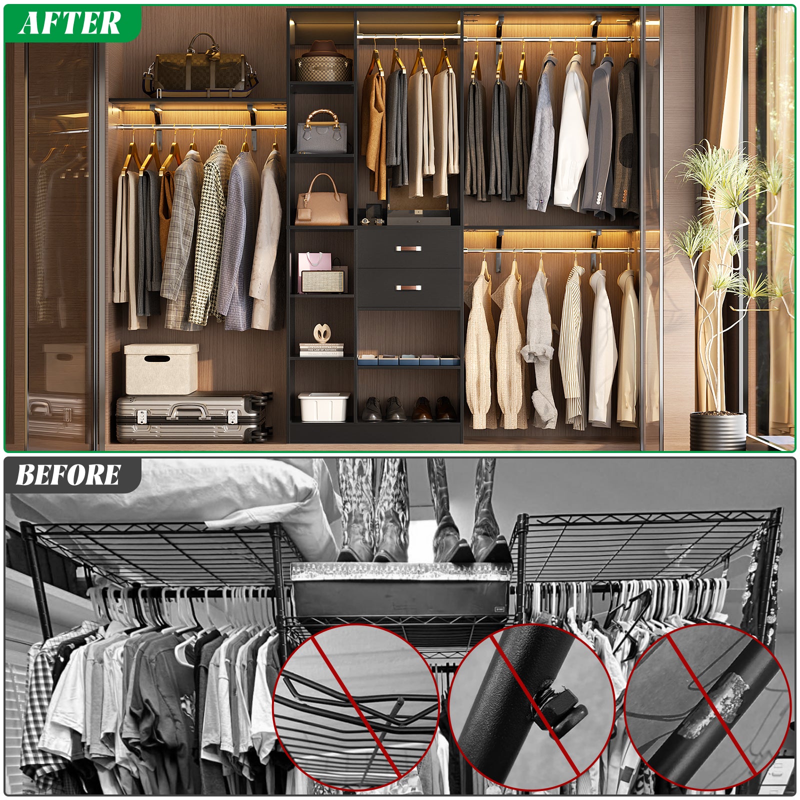 8FT Heavy Duty Wood Closet System with 2 Drawers & 4 Adjustable Hanging Rods & 9-Cube Shelving