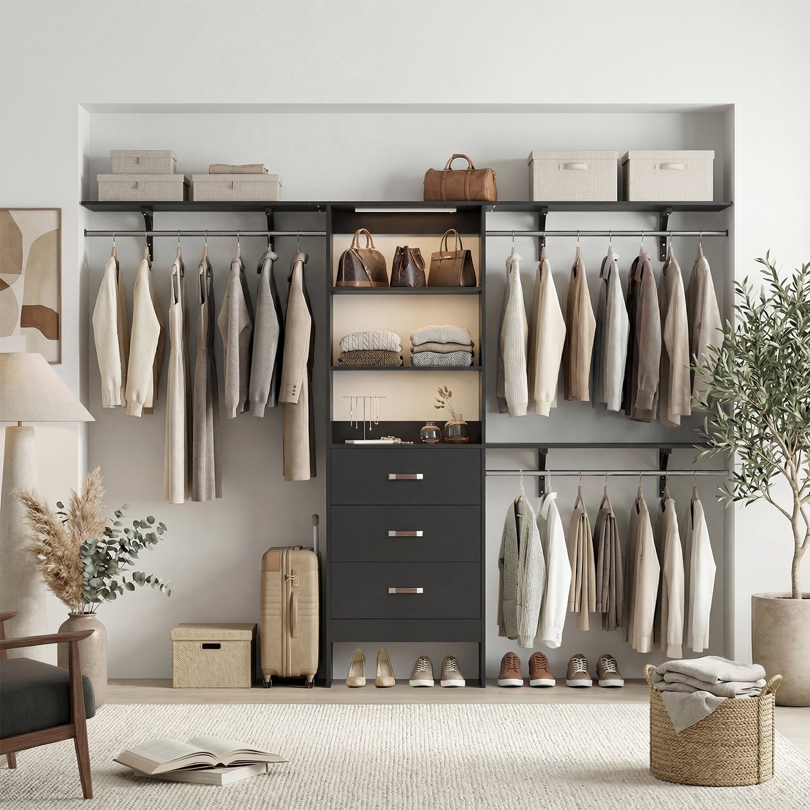 96" Wall Mounted Closet System with LED, Walk-In Style Wood Closet Organizer Cut to Fit 4-8FT with 3 Drawers & Top Shelf