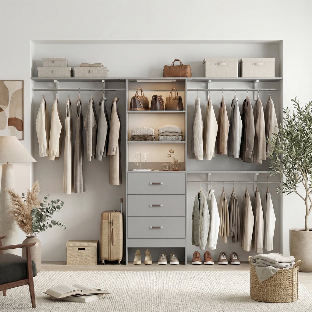 96" Wall Mounted Closet System with LED, Walk-In Style Wood Closet Organizer Cut to Fit 4-8FT with 3 Drawers & Top Shelf