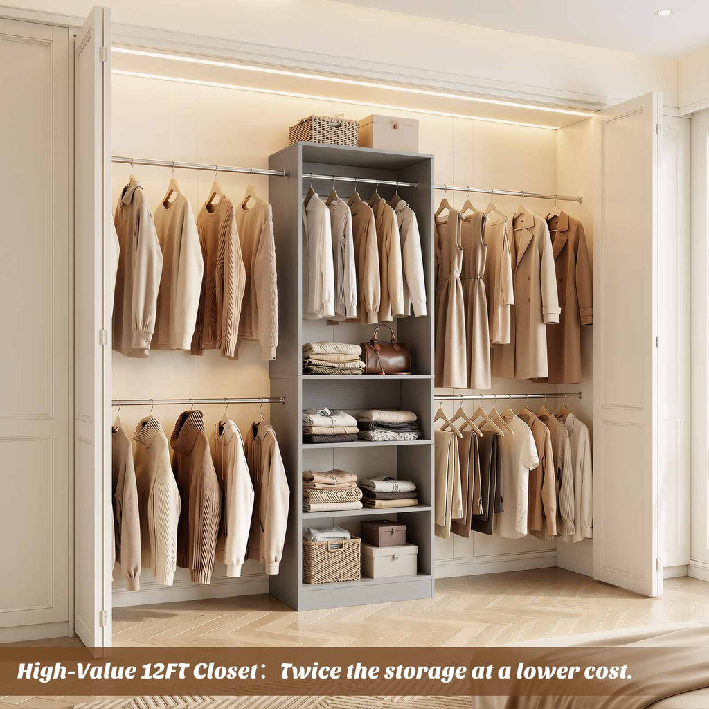 12FT Large Open Closet System, 138'' Wall-Mounted Closet Shelving with 5 Hanging Rods and 6 Shelves