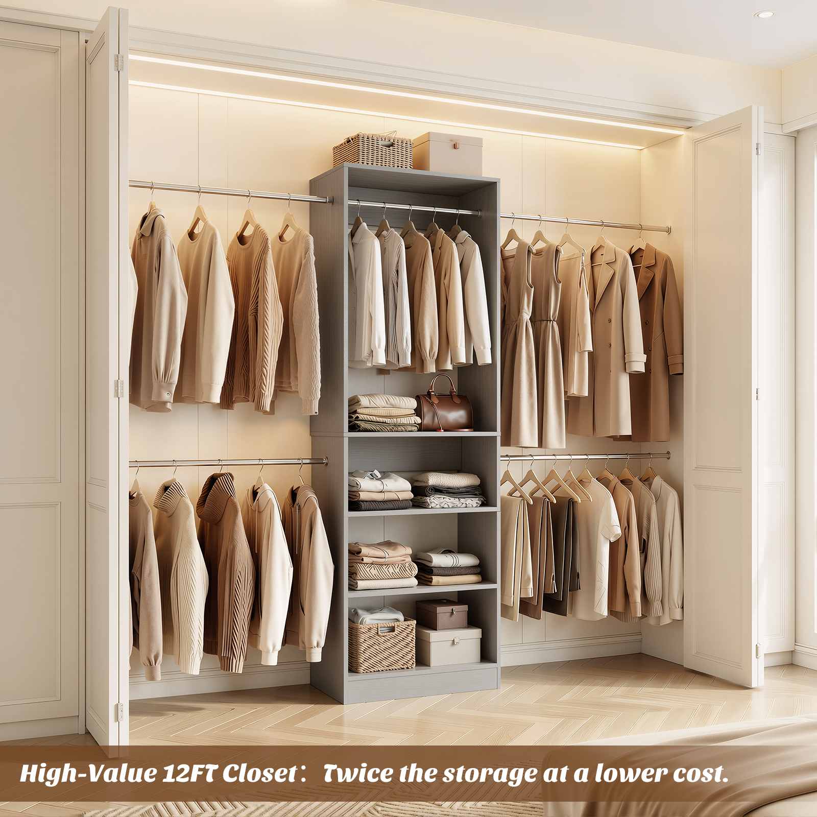 12FT Large Open Closet System, 138'' Wall-Mounted Closet Shelving with 5 Hanging Rods and 6 Shelves