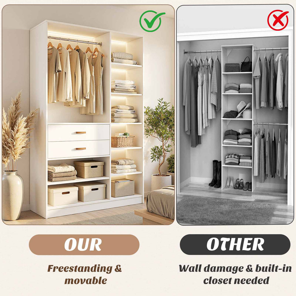 40'' Stand-Alone Closet System with 2 Wood Drawers, Garment Organizer System with Hanging Rod