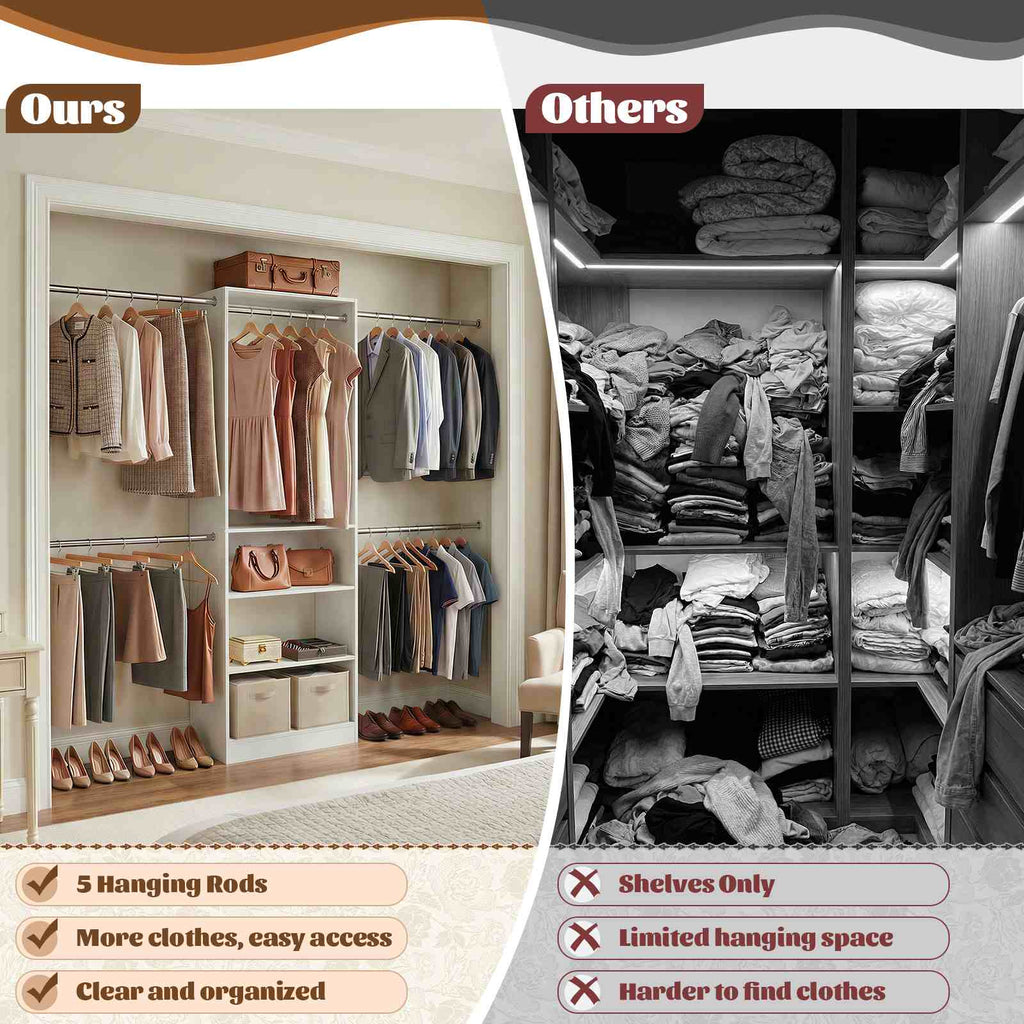 12FT Large Open Closet System, 138'' Wall-Mounted Closet Shelving with 5 Hanging Rods and 6 Shelves