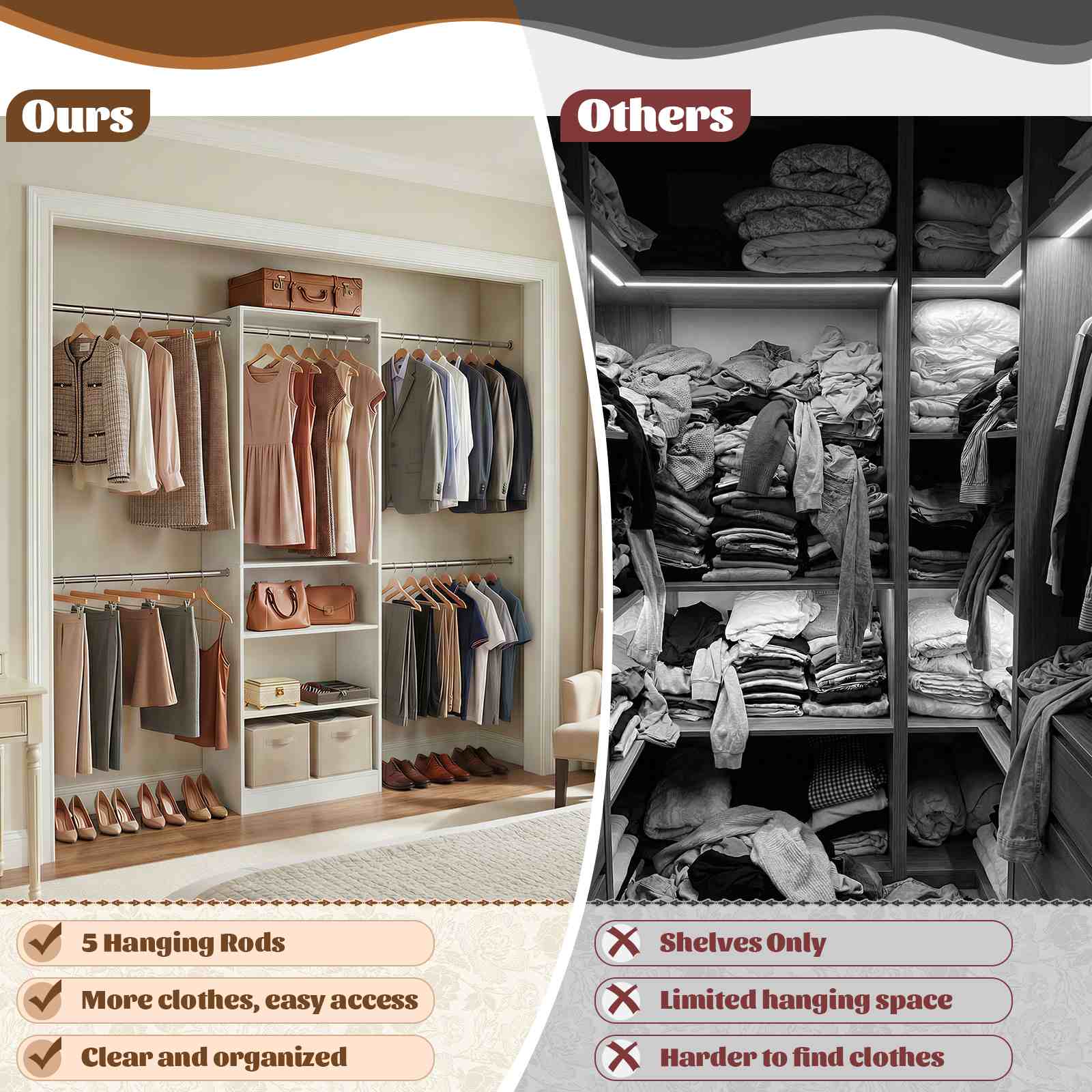 12FT Large Open Closet System, 138'' Wall-Mounted Closet Shelving with 5 Hanging Rods and 6 Shelves