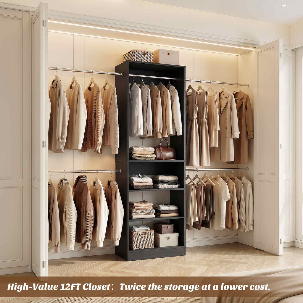 12FT Large Open Closet System, 138'' Wall-Mounted Closet Shelving with 5 Hanging Rods and 6 Shelves