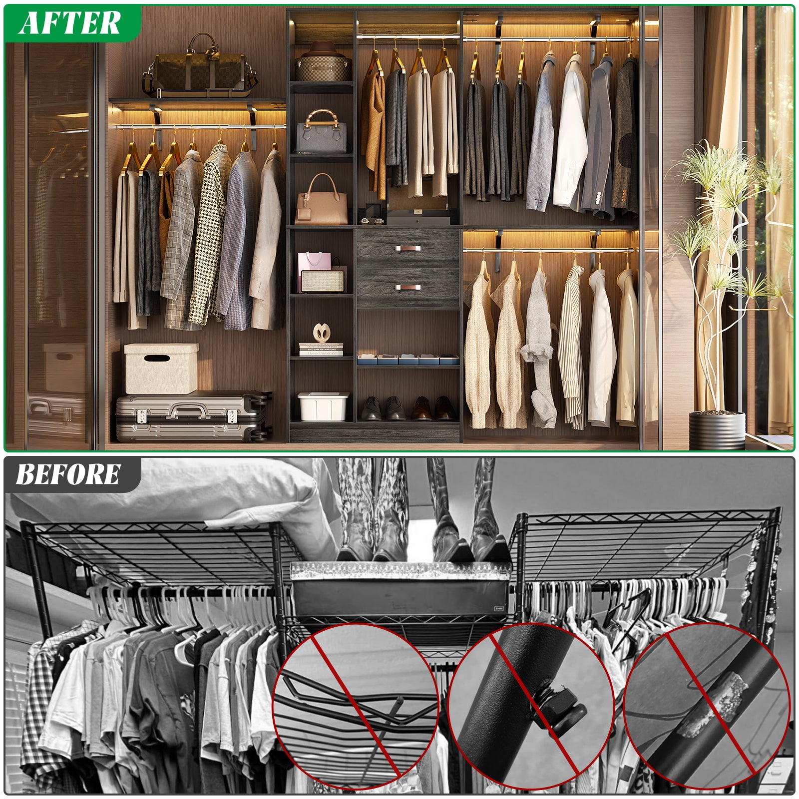 8FT Heavy Duty Wood Closet System with 2 Drawers & 4 Adjustable Hanging Rods & 9-Cube Shelving