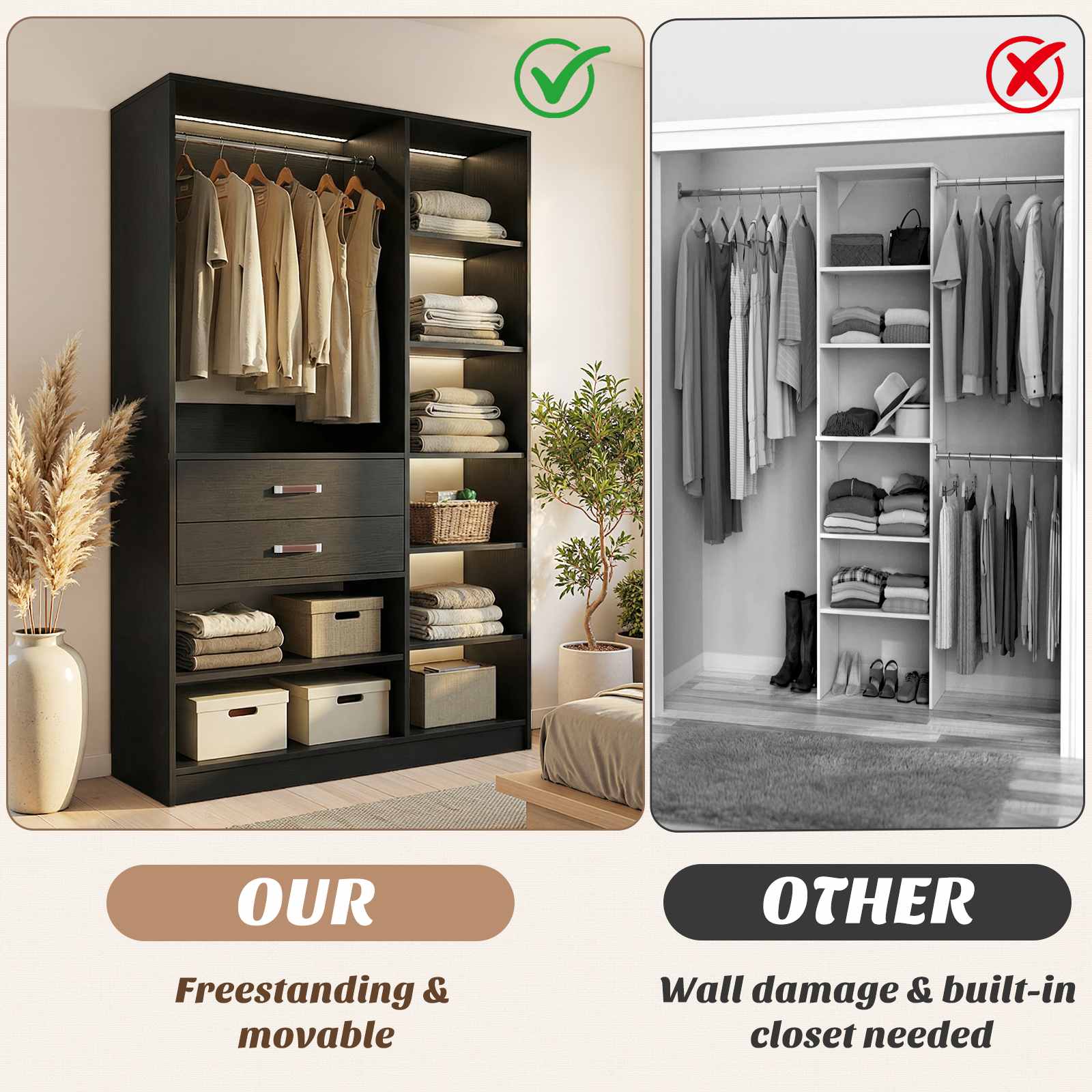 40'' Stand-Alone Closet System with 2 Wood Drawers, Garment Organizer System with Hanging Rod