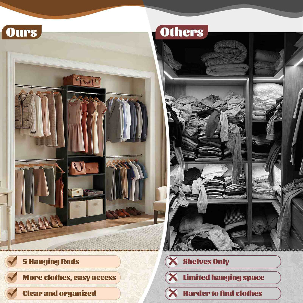 12FT Large Open Closet System, 138'' Wall-Mounted Closet Shelving with 5 Hanging Rods and 6 Shelves