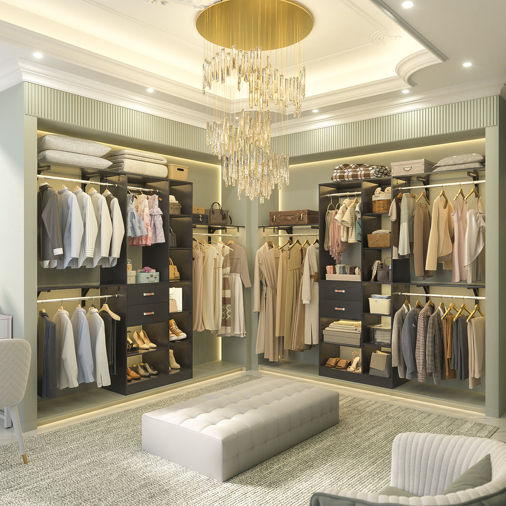 8FT Heavy Duty Wood Closet System with 2 Drawers & 4 Adjustable Hanging Rods & 9-Cube Shelving
