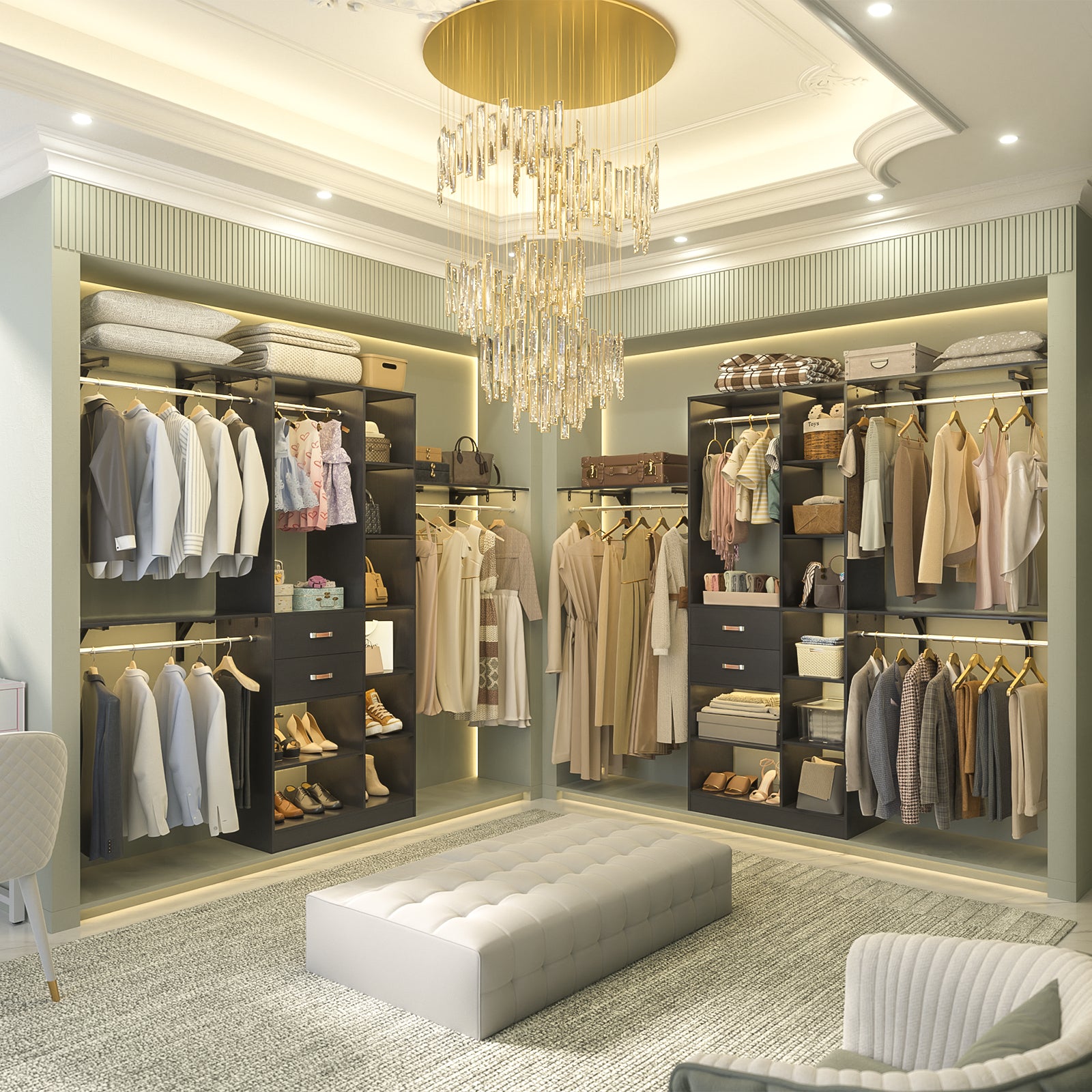 8FT Heavy Duty Wood Closet System with 2 Drawers & 4 Adjustable Hanging Rods & 9-Cube Shelving