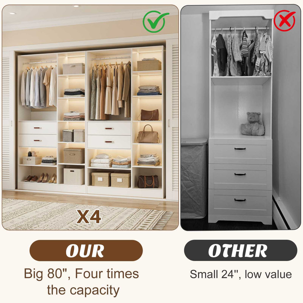 80'' Stand-Alone Closet System with 4 Wood Drawers, Garment Organizer System with Hanging Rod