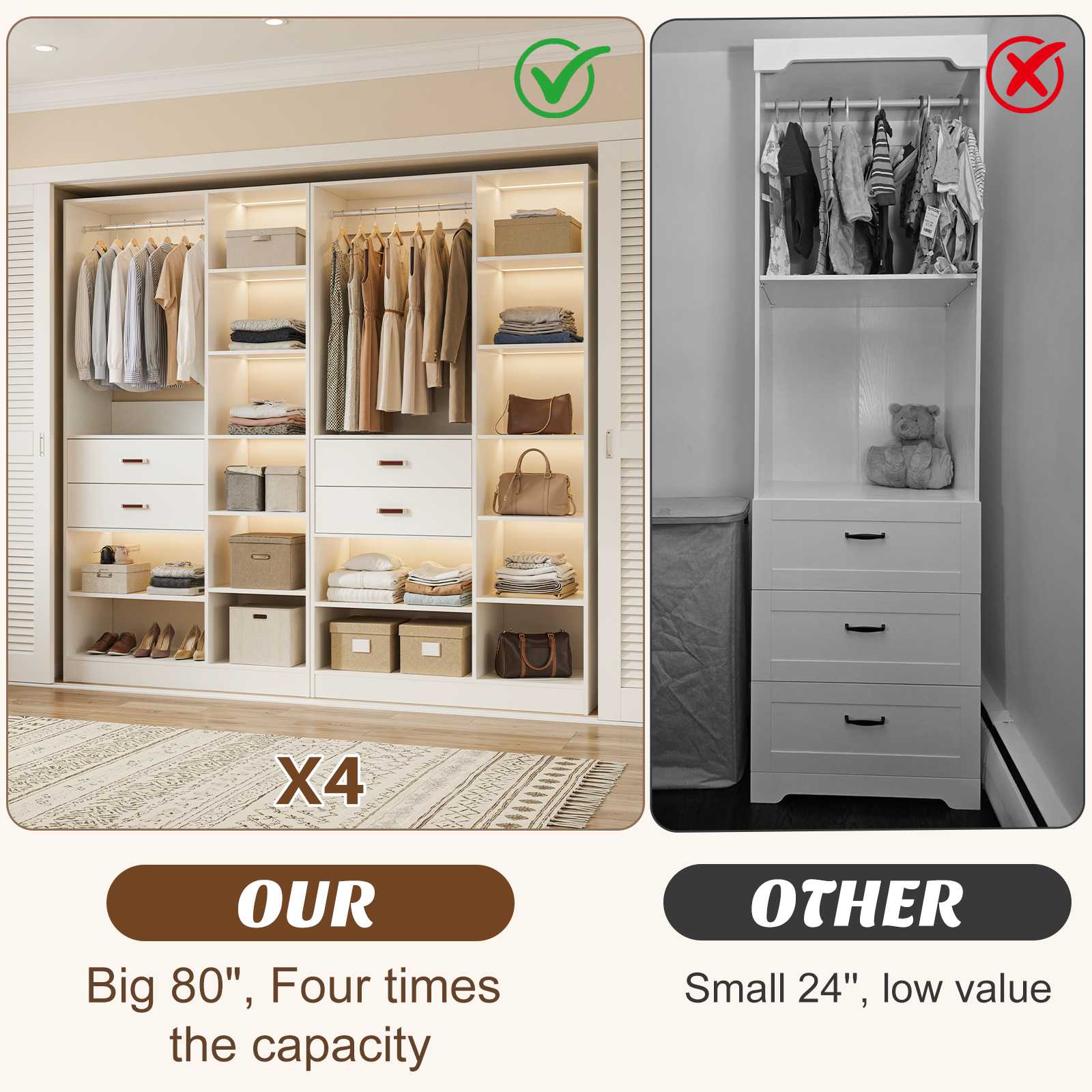 80'' Stand-Alone Closet System with 4 Wood Drawers, Garment Organizer System with Hanging Rod
