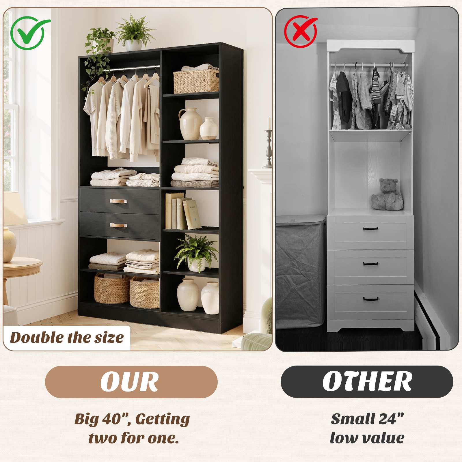 40'' Stand-Alone Closet System with 2 Wood Drawers, Garment Organizer System with Hanging Rod