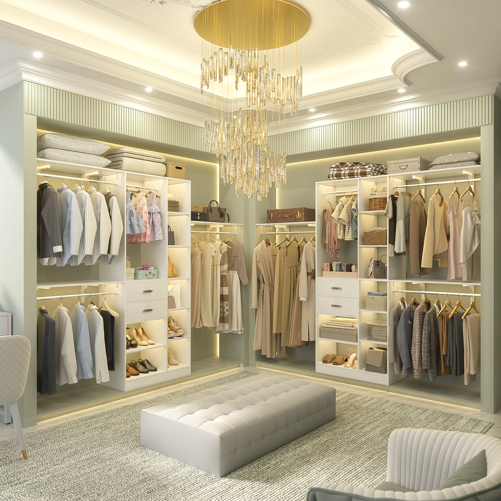 8FT Heavy Duty Wood Closet System with 2 Drawers & 4 Adjustable Hanging Rods & 9-Cube Shelving