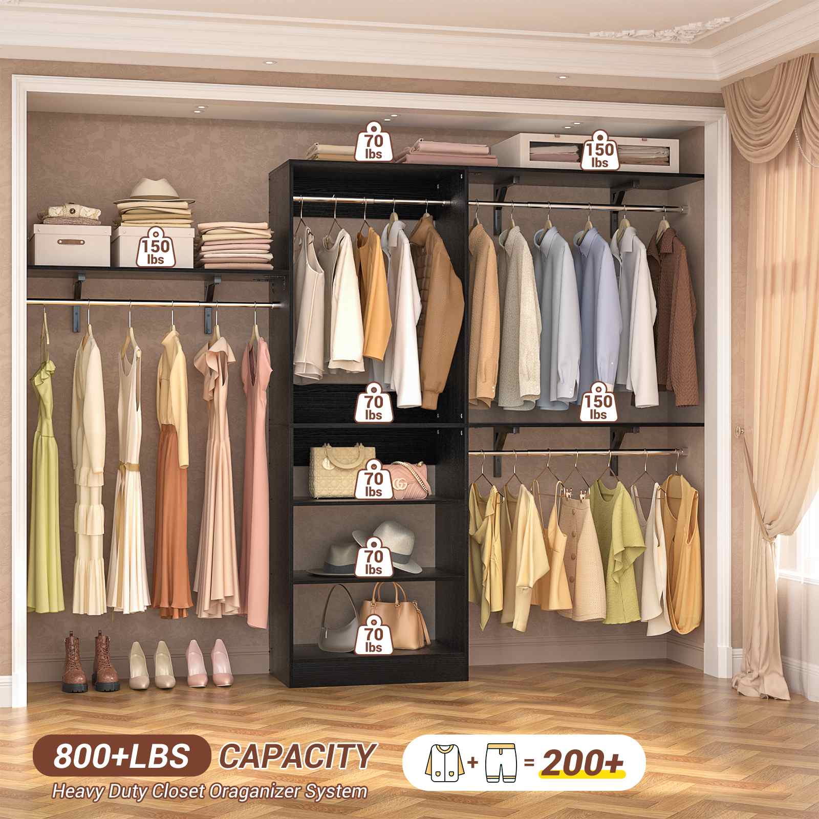96'' Closet System with 3 Hanging Rods, Adjustable Cloth Garment Rack from 5 to 8FT