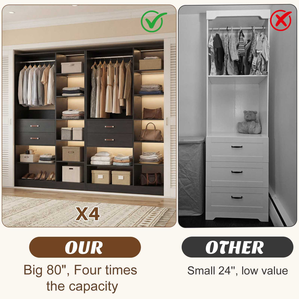 80'' Stand-Alone Closet System with 4 Wood Drawers, Garment Organizer System with Hanging Rod