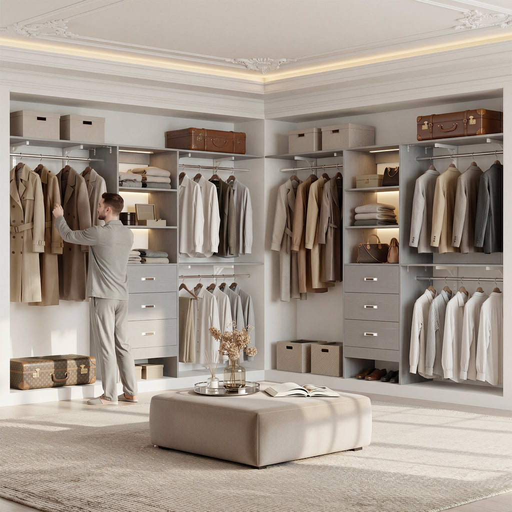 96" Wall Mounted Closet System with LED, Walk-In Style Wood Closet Organizer Cut to Fit 4-8FT with 3 Drawers & Top Shelf