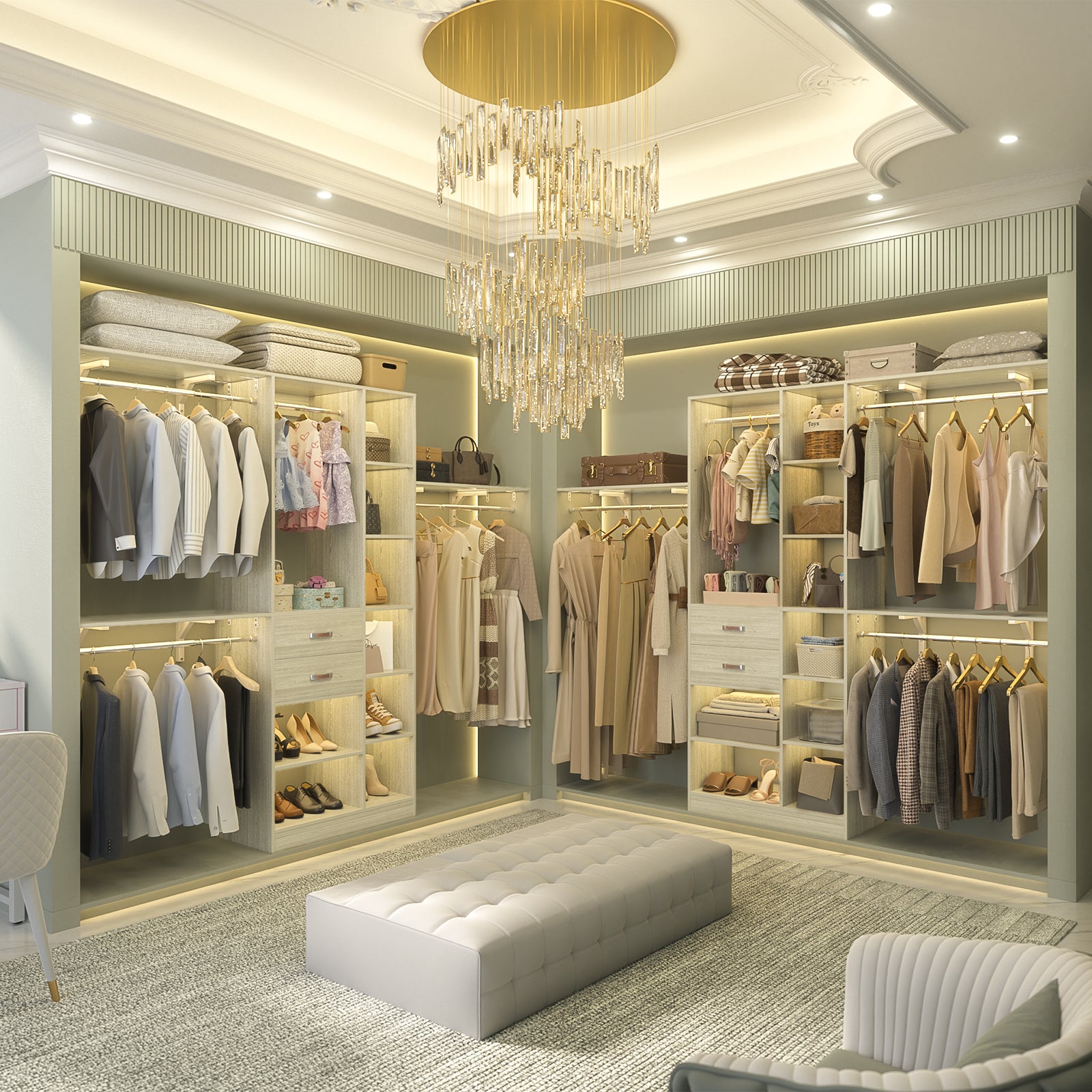 8FT Heavy Duty Wood Closet System with 2 Drawers & 4 Adjustable Hanging Rods & 9-Cube Shelving