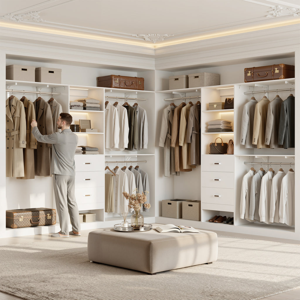 96" Wall Mounted Closet System with LED, Walk-In Style Wood Closet Organizer Cut to Fit 4-8FT with 3 Drawers & Top Shelf