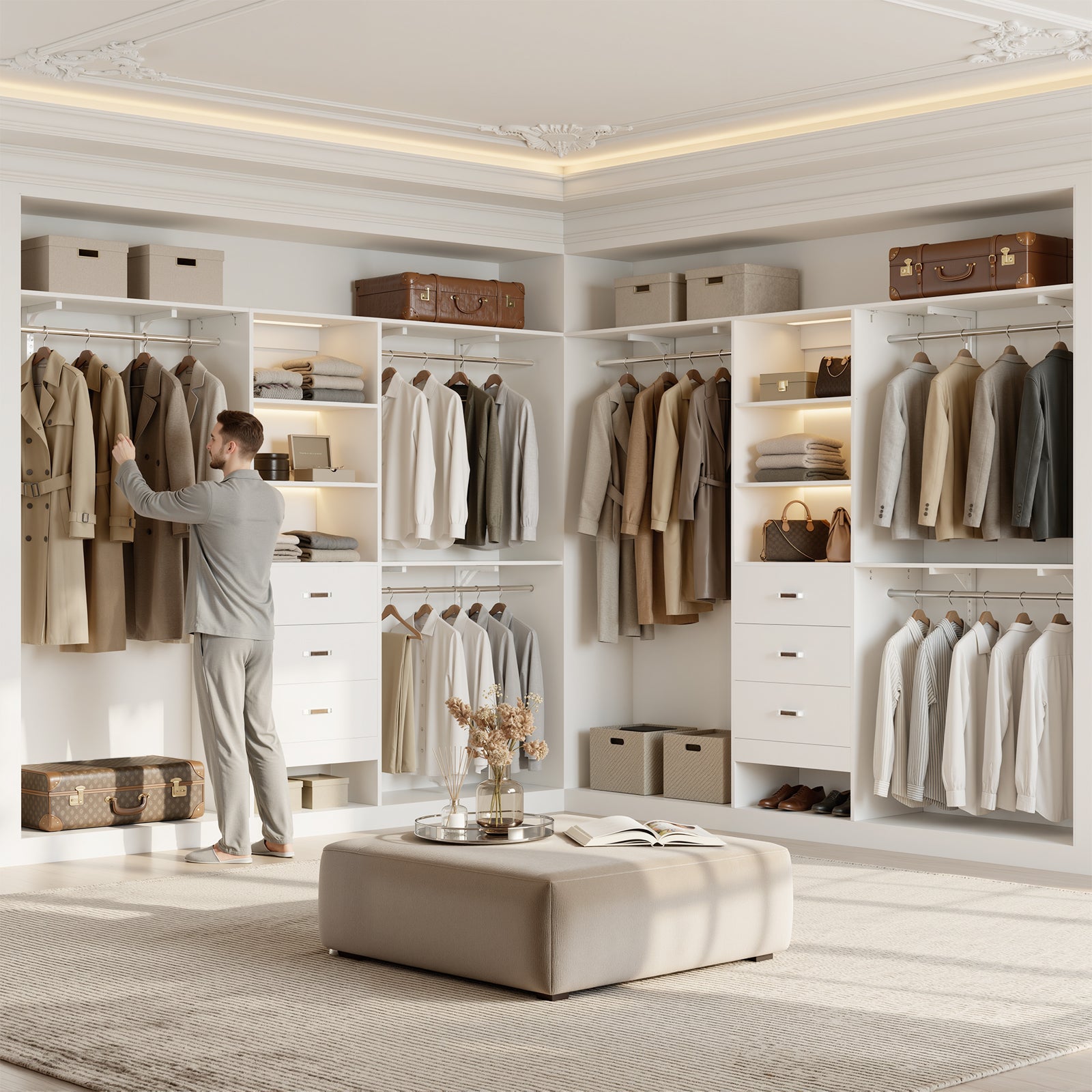 96" Wall Mounted Closet System with LED, Walk-In Style Wood Closet Organizer Cut to Fit 4-8FT with 3 Drawers & Top Shelf