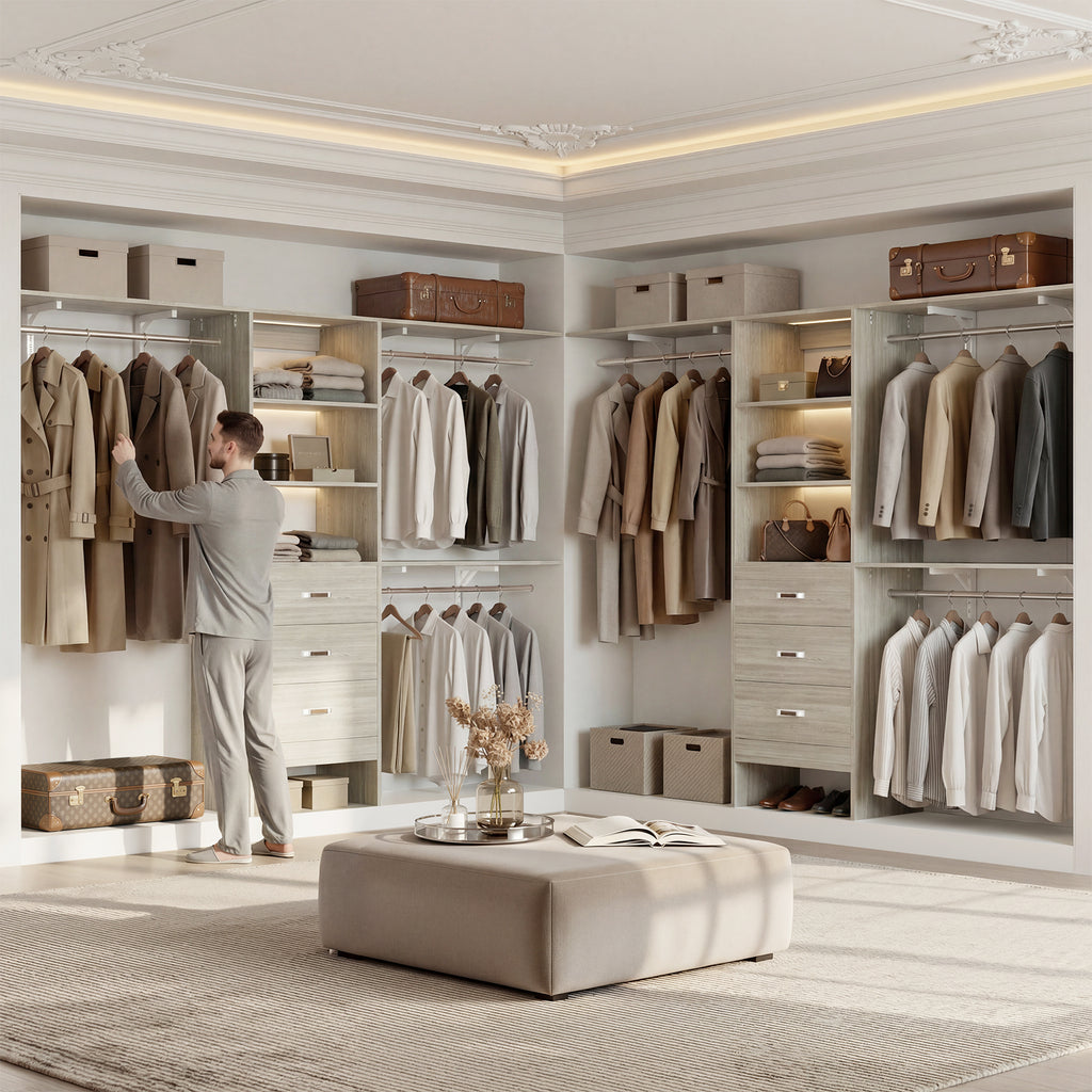 96" Wall Mounted Closet System with LED, Walk-In Style Wood Closet Organizer Cut to Fit 4-8FT with 3 Drawers & Top Shelf