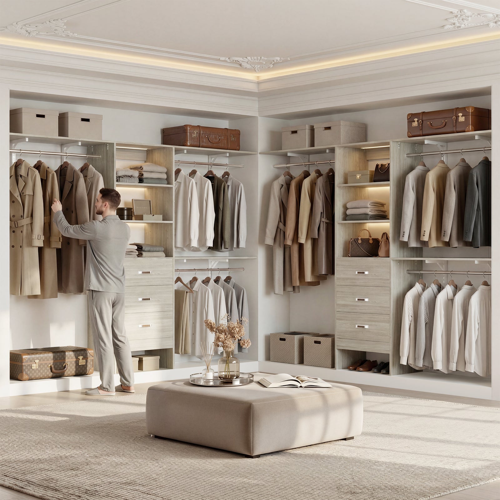 96" Wall Mounted Closet System with LED, Walk-In Style Wood Closet Organizer Cut to Fit 4-8FT with 3 Drawers & Top Shelf