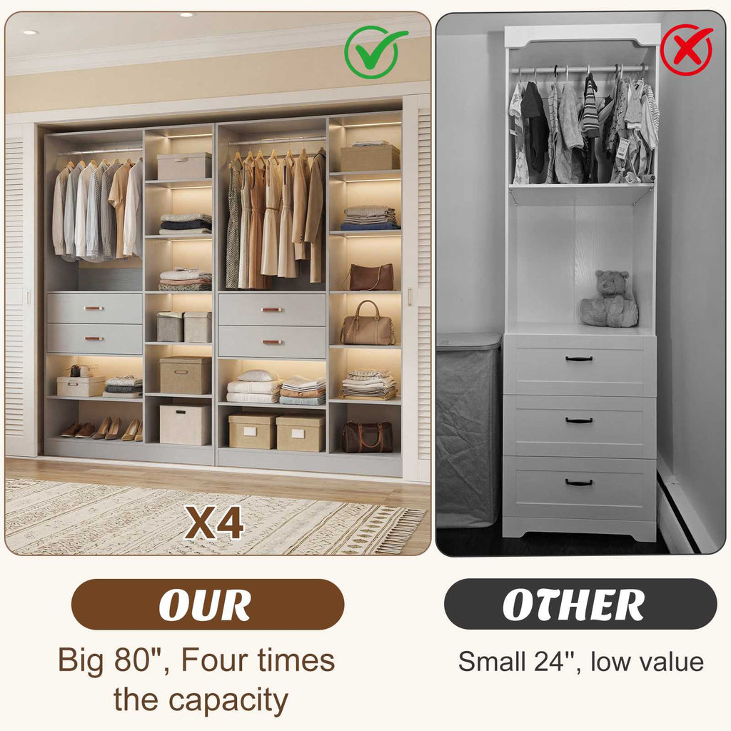 80'' Stand-Alone Closet System with 4 Wood Drawers, Garment Organizer System with Hanging Rod
