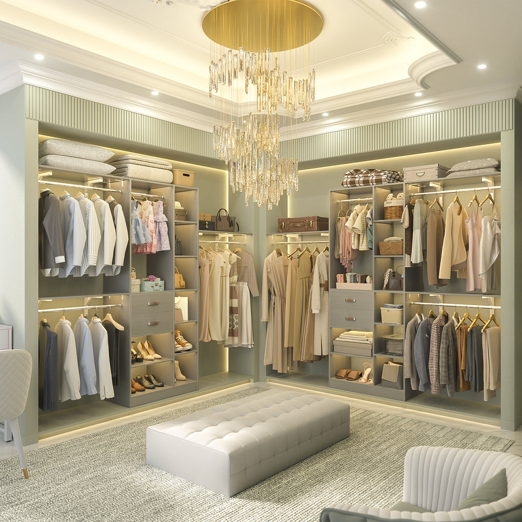 8FT Heavy Duty Wood Closet System with 2 Drawers & 4 Adjustable Hanging Rods & 9-Cube Shelving