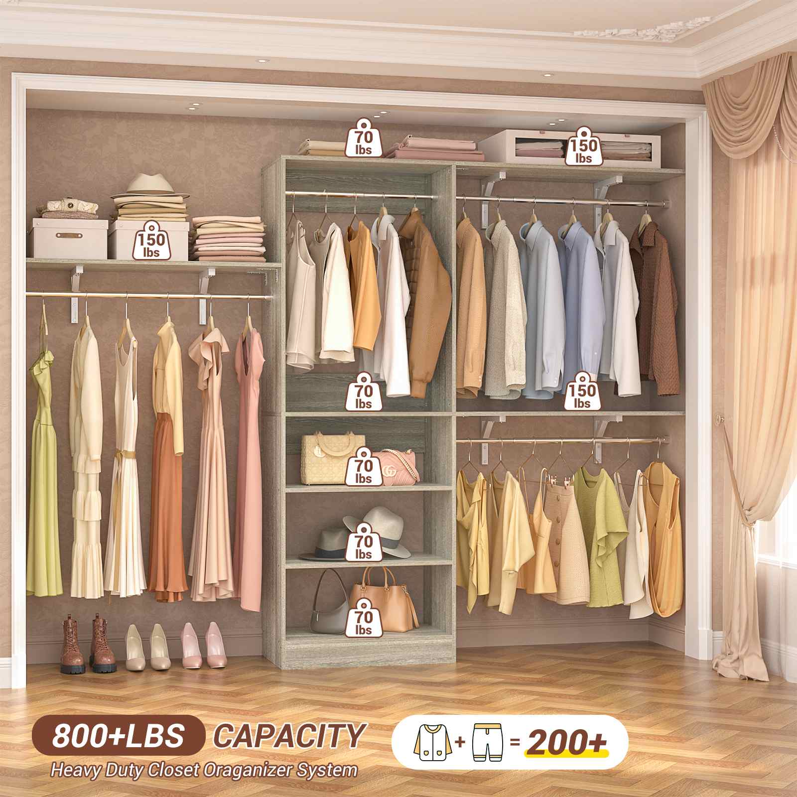 96'' Closet System with 3 Hanging Rods, Adjustable Cloth Garment Rack from 5 to 8FT
