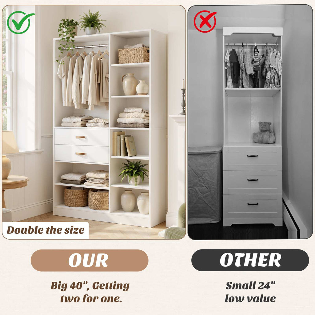 40'' Stand-Alone Closet System with 2 Wood Drawers, Garment Organizer System with Hanging Rod