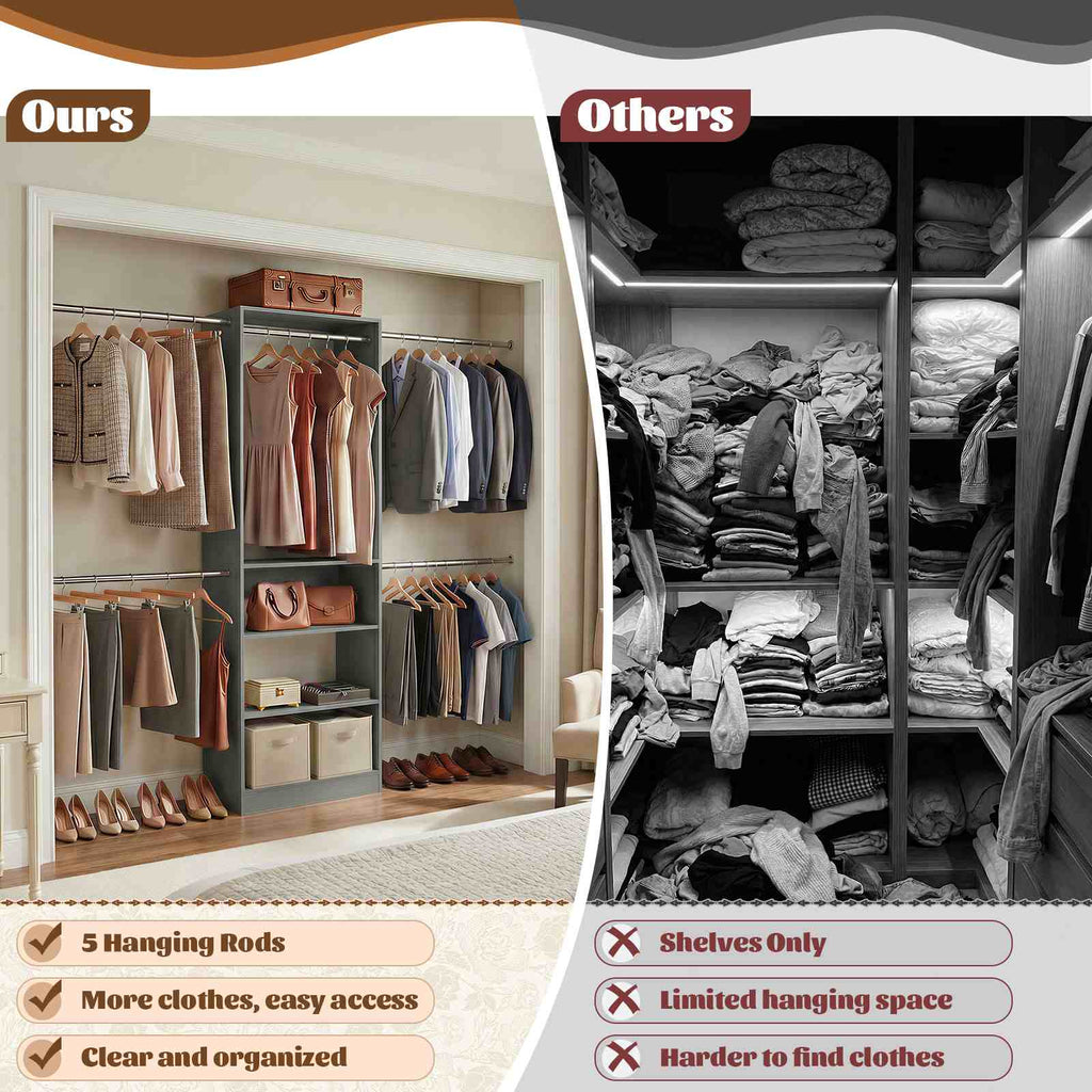 12FT Large Open Closet System, 138'' Wall-Mounted Closet Shelving with 5 Hanging Rods and 6 Shelves