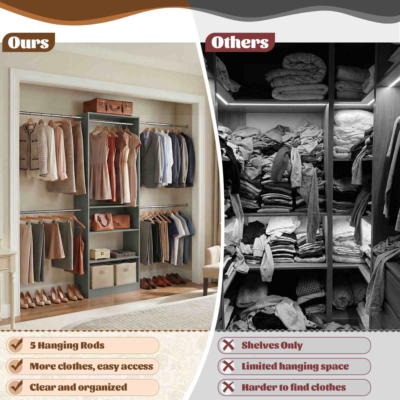 12FT Large Open Closet System, 138'' Wall-Mounted Closet Shelving with 5 Hanging Rods and 6 Shelves