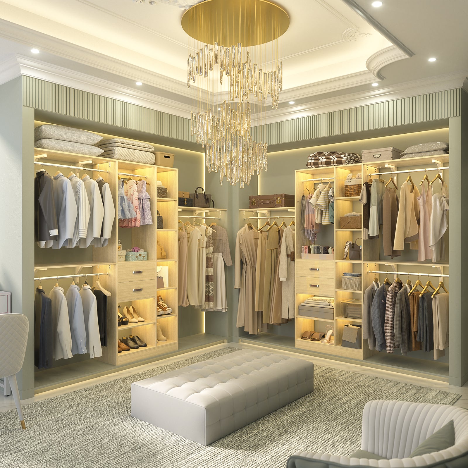 8FT Heavy Duty Wood Closet System with 2 Drawers & 4 Adjustable Hanging Rods & 9-Cube Shelving