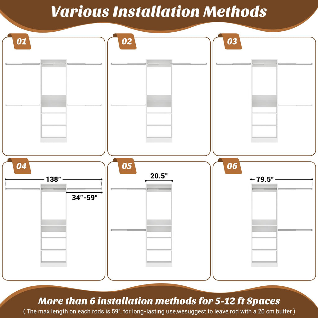 12FT Large Open Closet System, 138'' Wall-Mounted Closet Shelving with 5 Hanging Rods and 6 Shelves